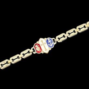 Religious sacred heart of Jesus cross & anchor Art Deco silver tone bracelet